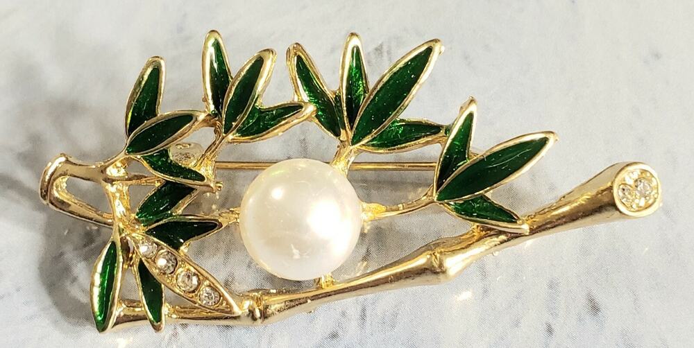Faux Pearl Rhinestone Brooch Pin, Vinta Branch & Leaves Flora Gold-tone fb1-118